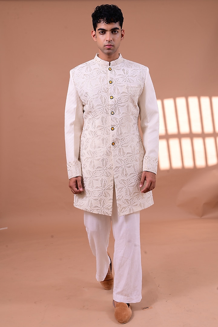 White Chikankari Jacket Set by Gaurav Katta