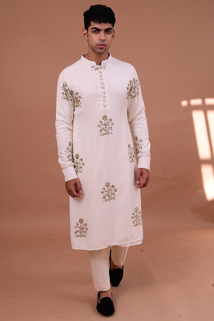 White Embroidered Kurta Set by Gaurav Katta