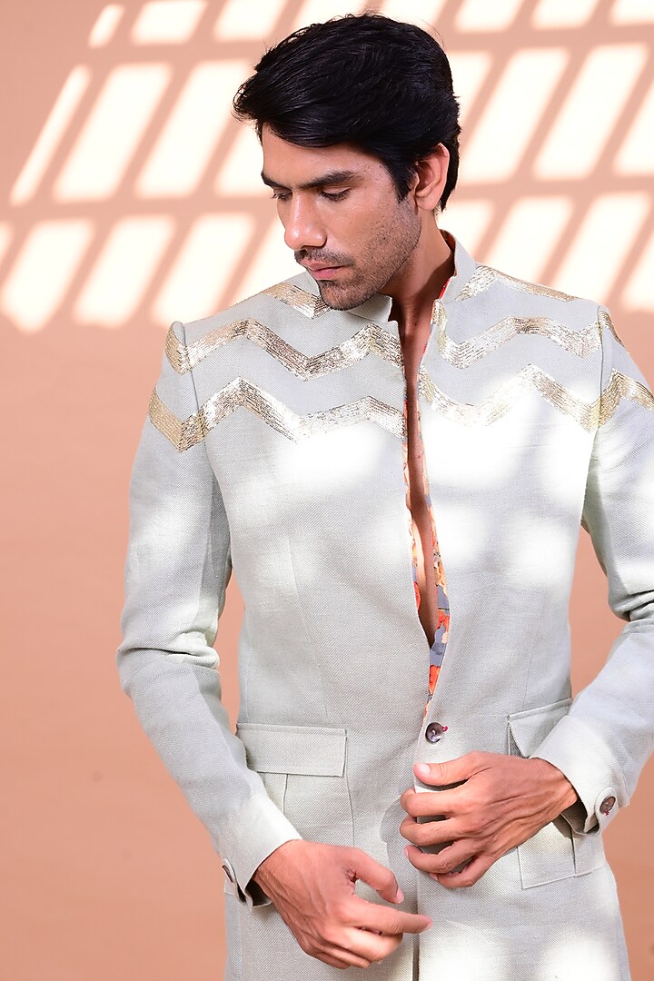 Mint Green Embroidered Jacket Set by Gaurav Katta at Pernia's Pop Up Shop