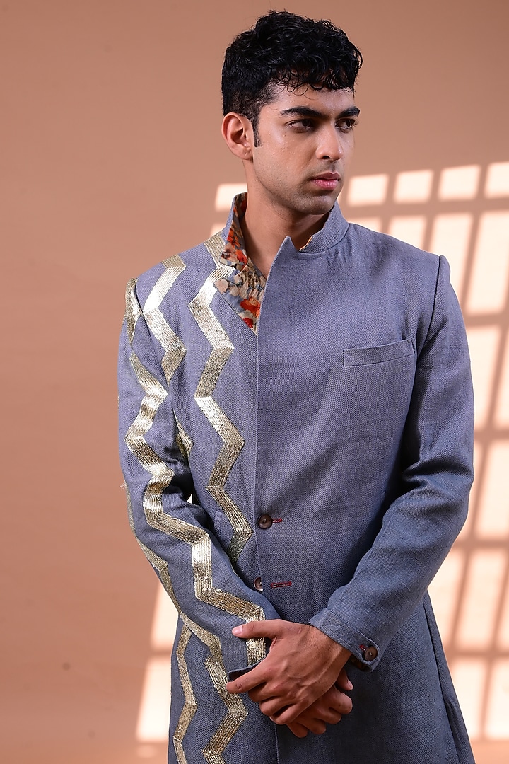 Steel Grey Embroidered Jacket Set by Gaurav Katta at Pernia's Pop Up Shop