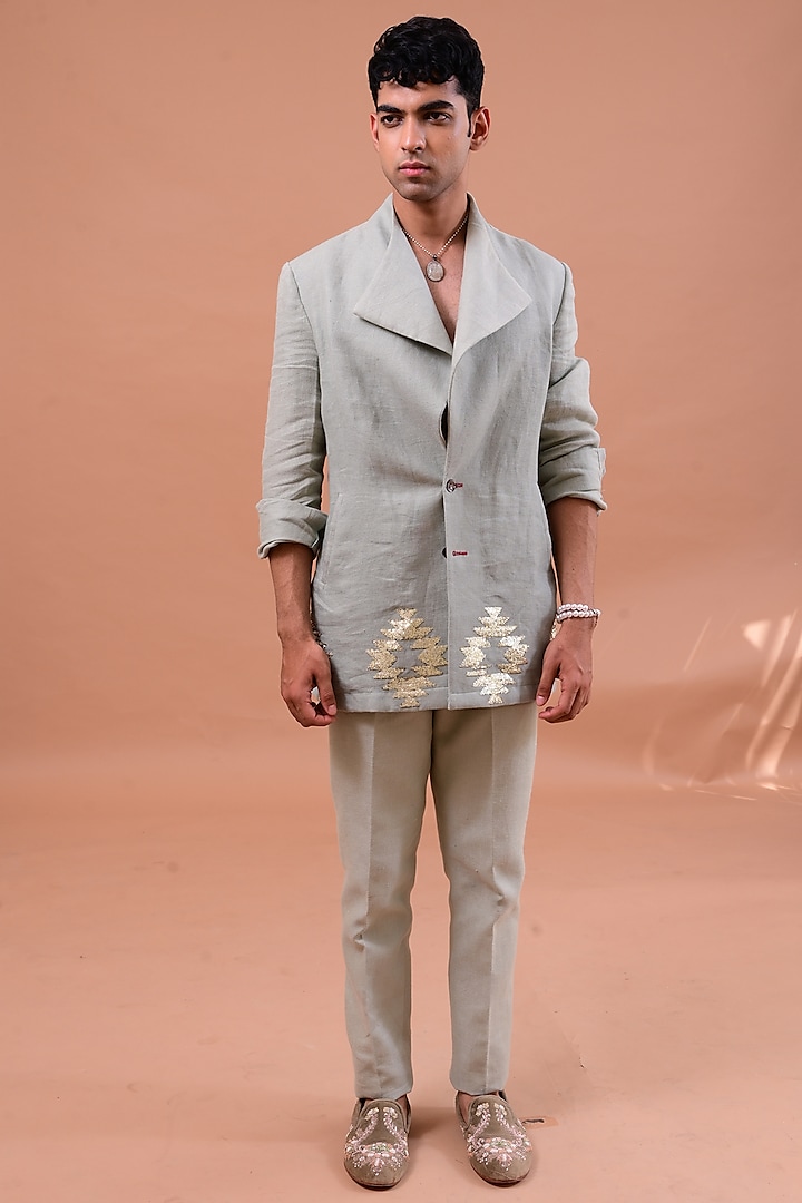 Bluish Grey Embroidered Jacket Set by Gaurav Katta