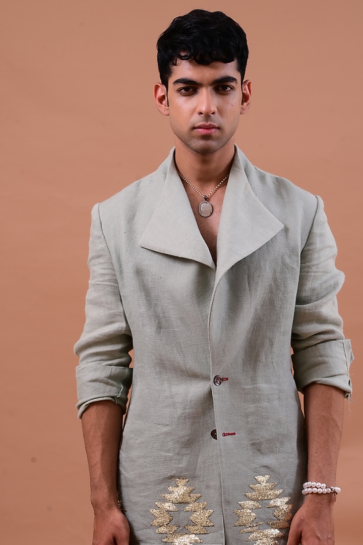 Bluish Grey Embroidered Jacket Set by Gaurav Katta at Pernia's Pop Up Shop