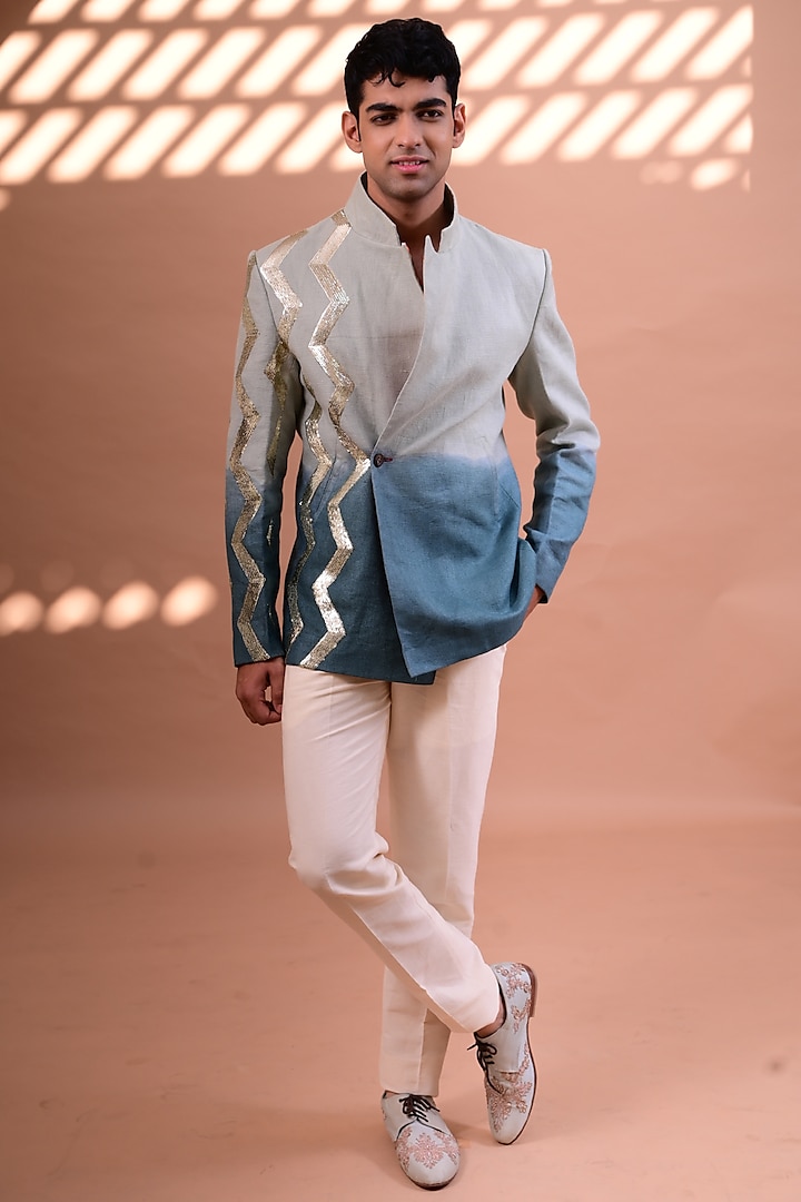 Aqua Embroidered Shaded Jacket Set by Gaurav Katta