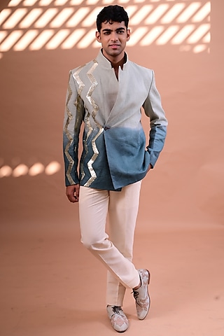 Aqua Embroidered Shaded Jacket Set by Gaurav Katta