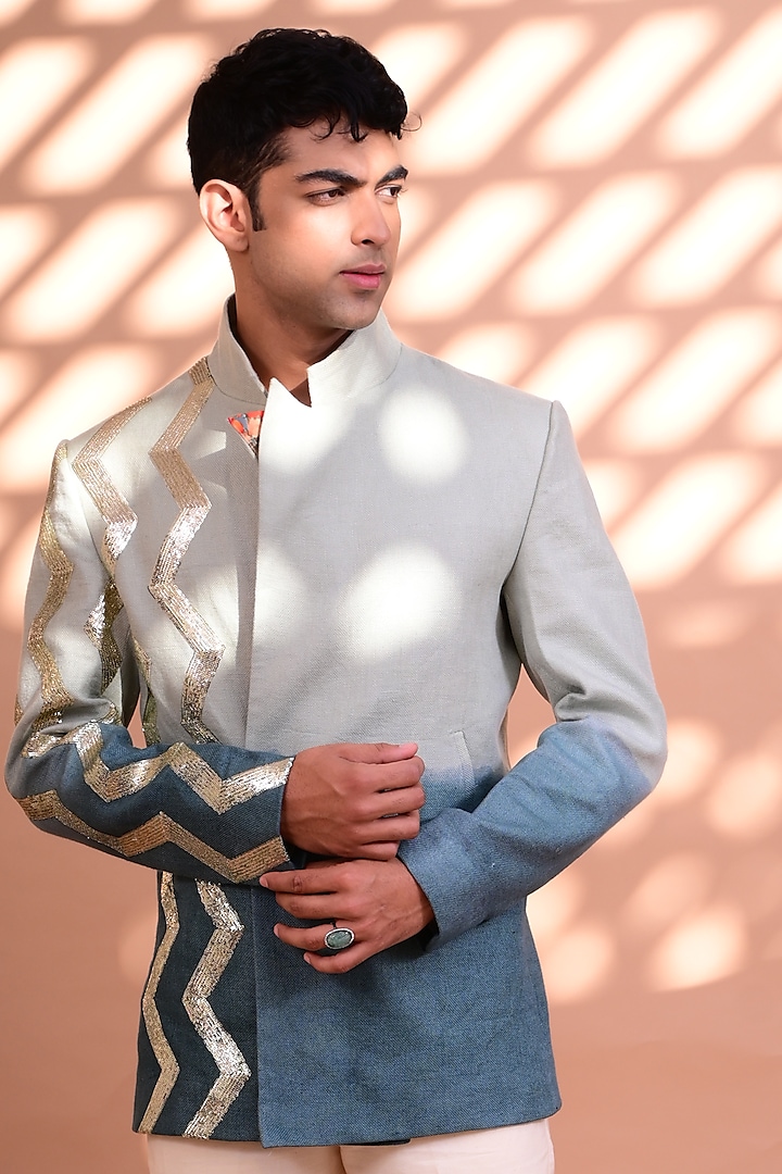 Aqua Embroidered Shaded Jacket Set by Gaurav Katta at Pernia's Pop Up Shop