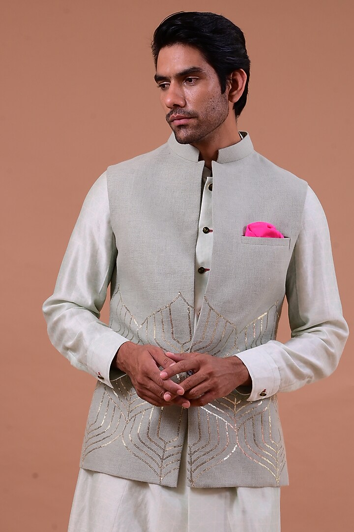 Mint Green Embroidered Nehru Jacket With Kurta Set by Gaurav Katta at Pernia's Pop Up Shop