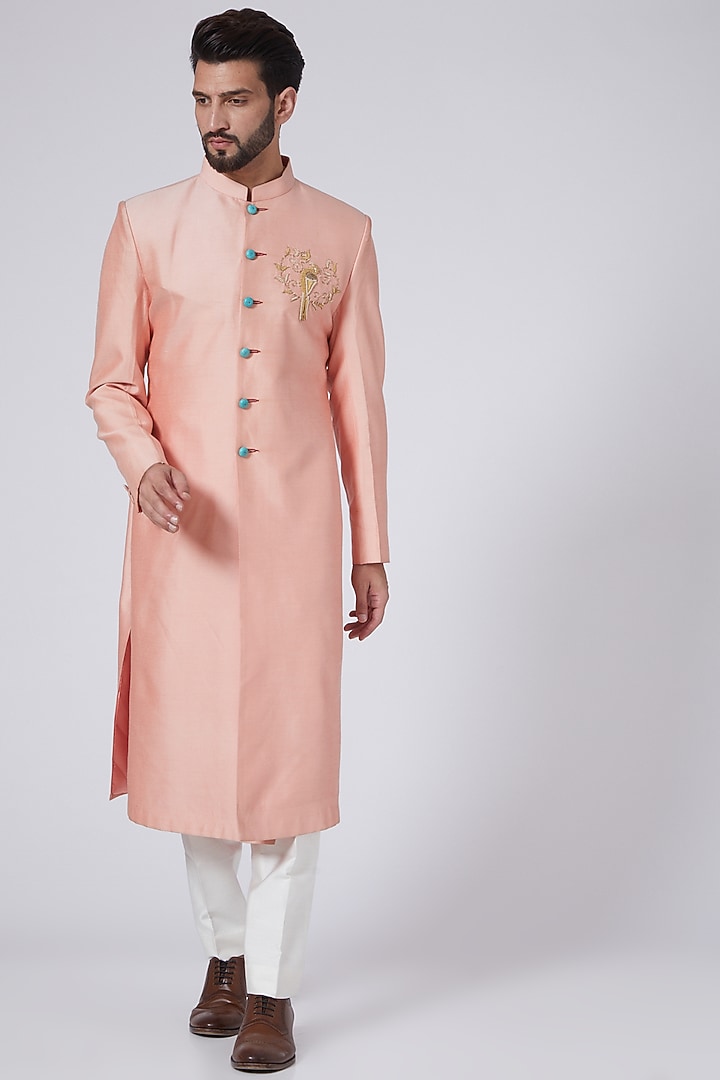 Peach Zardosi Embroidered Wedding Sherwani by Gaurav Katta at Pernia's Pop Up Shop