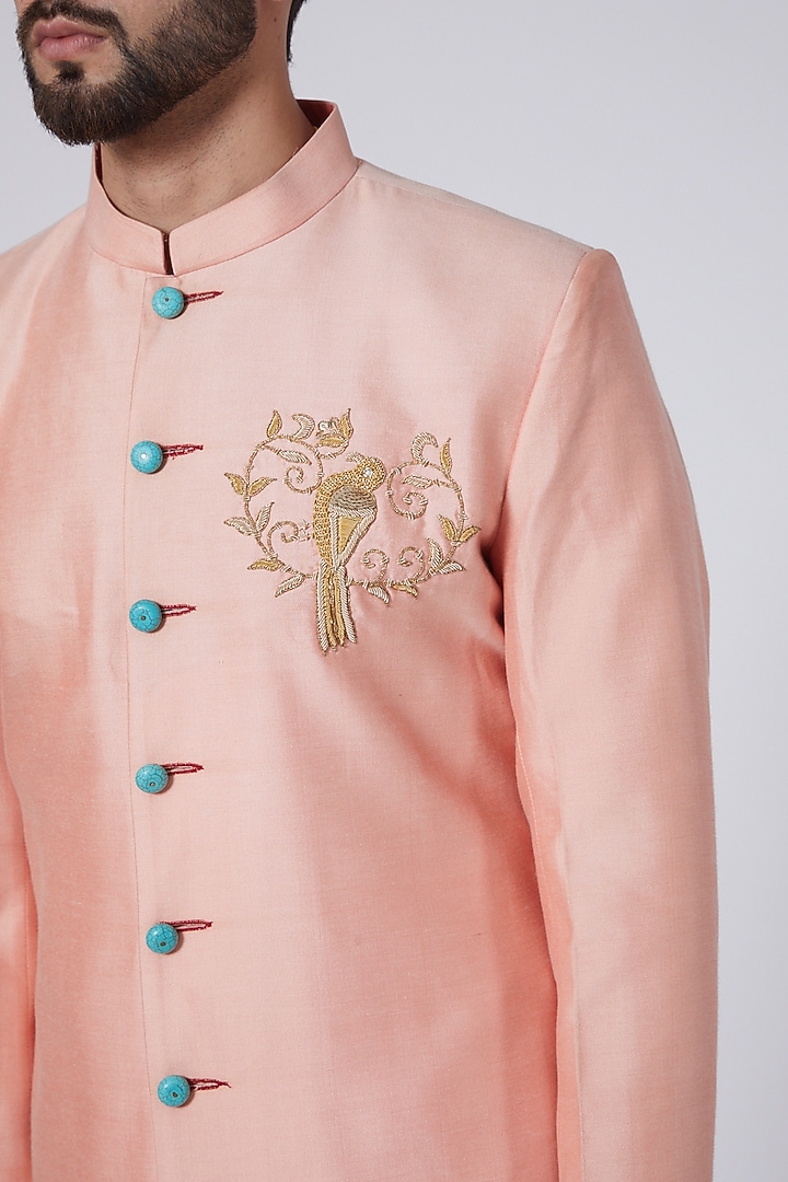 Peach Zardosi Embroidered Wedding Sherwani by Gaurav Katta at Pernia's Pop Up Shop