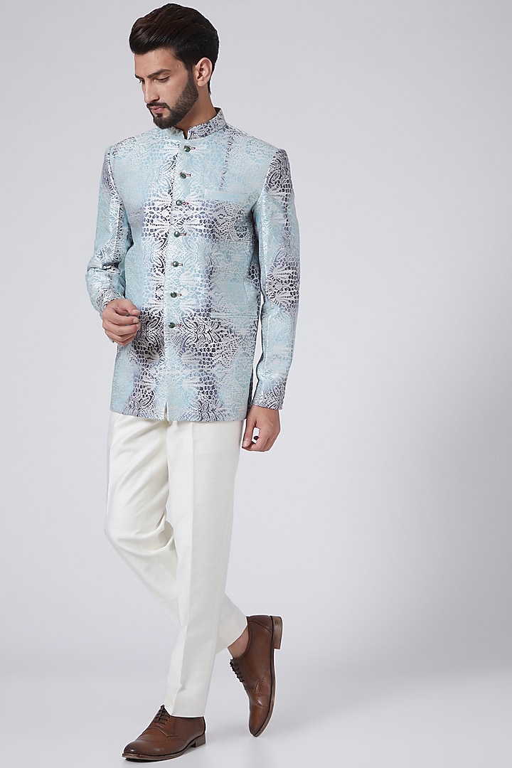 Sky Blue Tie-Dye Printed Bandhgala Jacket by Gaurav Katta