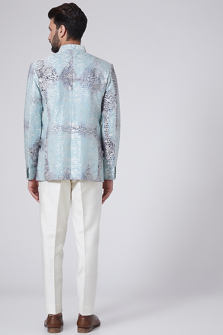 Sky Blue Tie-Dye Printed Wedding Bandhgala Jacket by Gaurav Katta at Pernia's Pop Up Shop