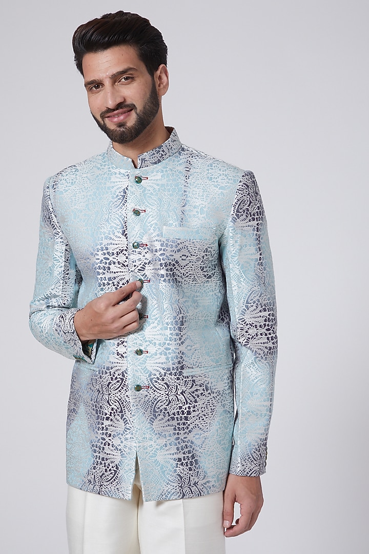 Sky Blue Tie-Dye Printed Wedding Bandhgala Jacket by Gaurav Katta at Pernia's Pop Up Shop