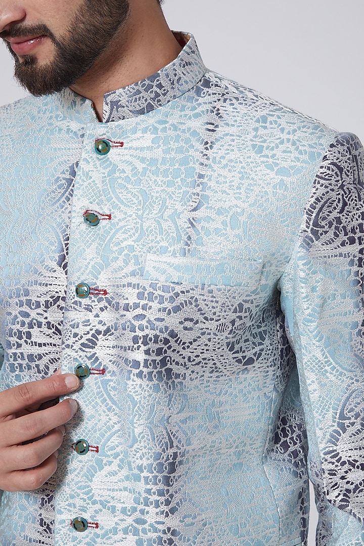Sky Blue Tie-Dye Printed Wedding Bandhgala Jacket by Gaurav Katta at Pernia's Pop Up Shop