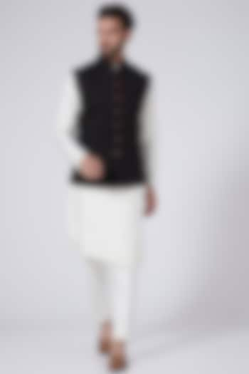 Oriental Black Italian Cotton Chikankari Embroidered Nehru Jacket by Gaurav Katta