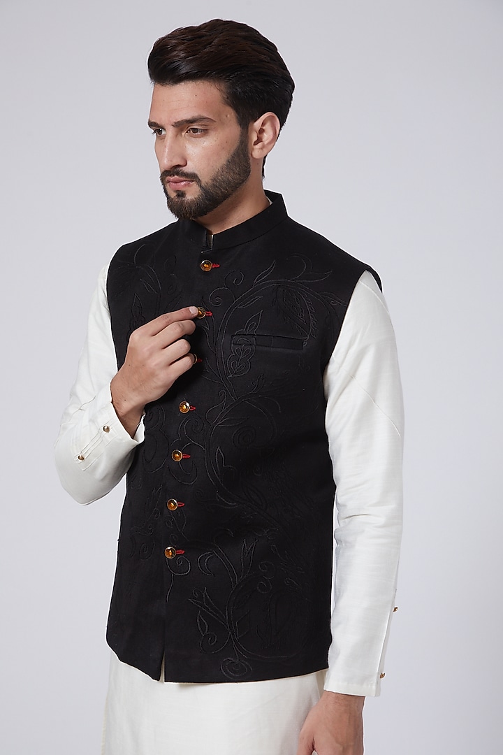 Oriental Black Italian Cotton Chikankari Embroidered Nehru Jacket by Gaurav Katta at Pernia's Pop Up Shop