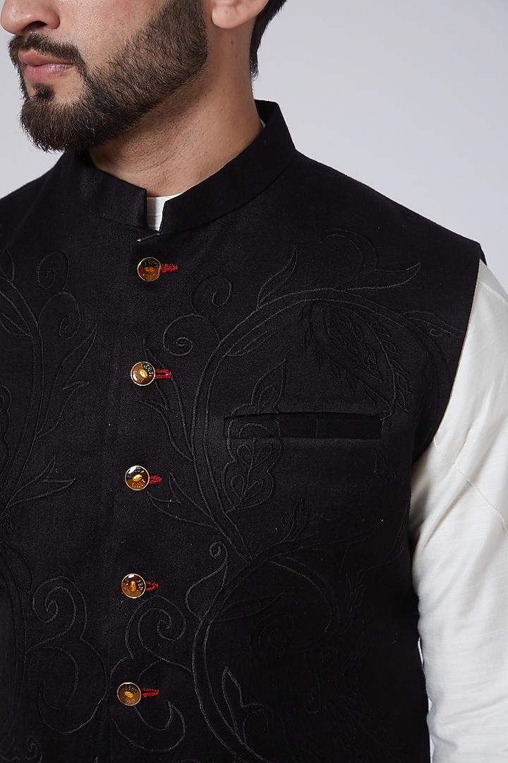 Oriental Black Italian Cotton Chikankari Embroidered Nehru Jacket by Gaurav Katta at Pernia's Pop Up Shop