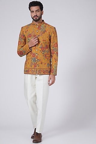 Mustard & Red Embroidered Bandhgala Jacket by Gaurav Katta