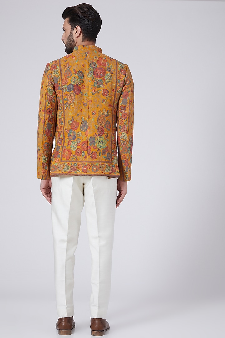 Mustard & Red Embroidered Wedding Bandhgala Jacket by Gaurav Katta at Pernia's Pop Up Shop