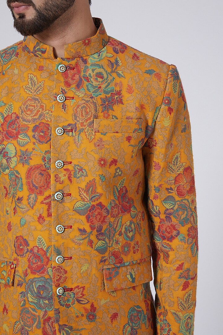 Mustard & Red Embroidered Wedding Bandhgala Jacket by Gaurav Katta at Pernia's Pop Up Shop