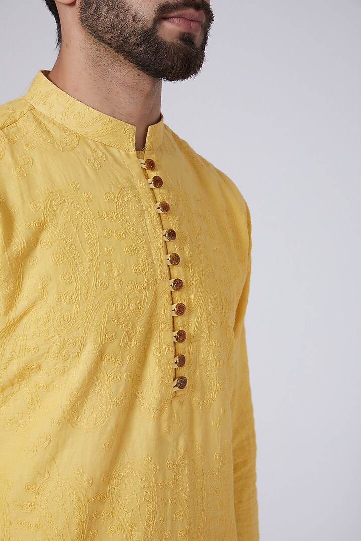 Yellow Cotton Mulmul Thread Work Kurta by Gaurav Katta at Pernia's Pop Up Shop