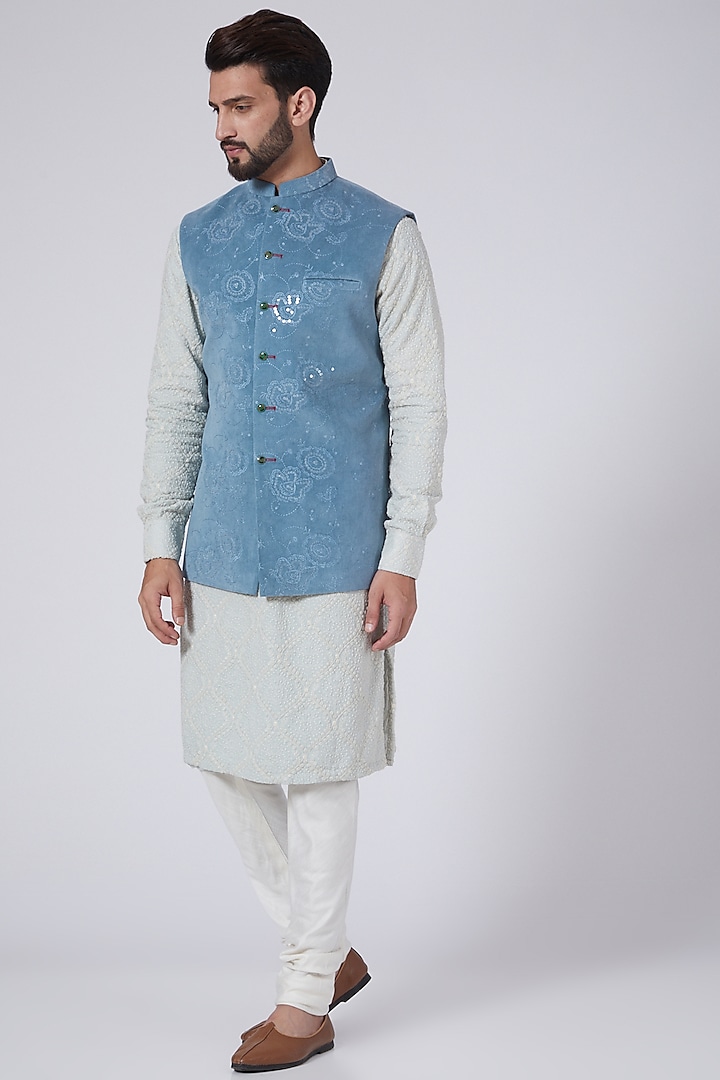 Cobalt Blue Sequins Embroidered Nehru Jacket by Gaurav Katta