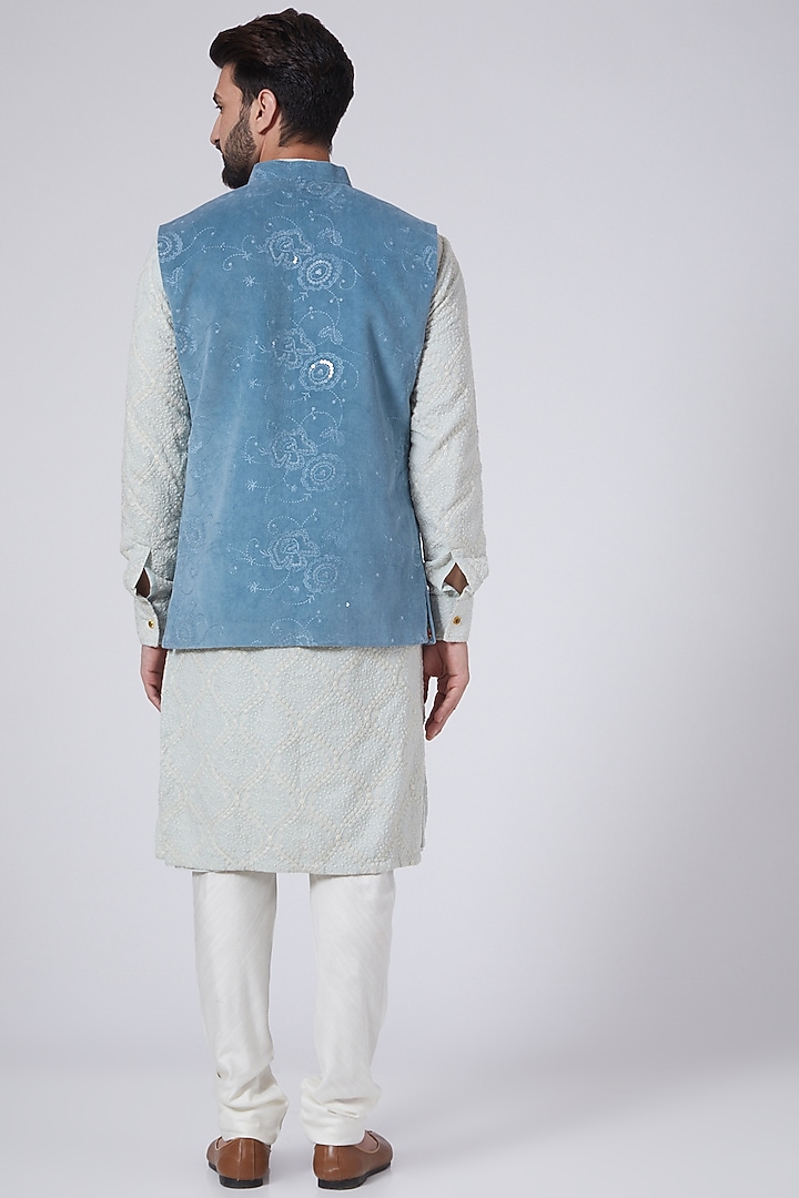 Cobalt Blue Cotrise sequins Embroidered Nehru Jacket by Gaurav Katta at Pernia's Pop Up Shop