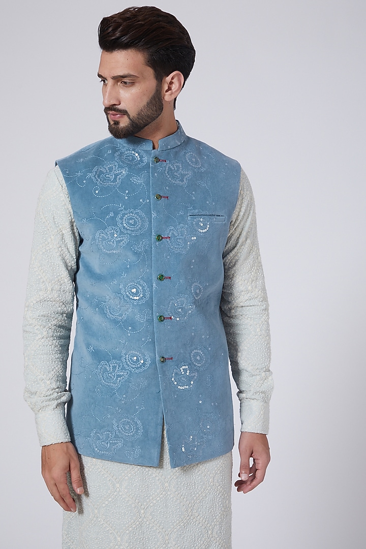 Cobalt Blue Cotrise sequins Embroidered Nehru Jacket by Gaurav Katta at Pernia's Pop Up Shop