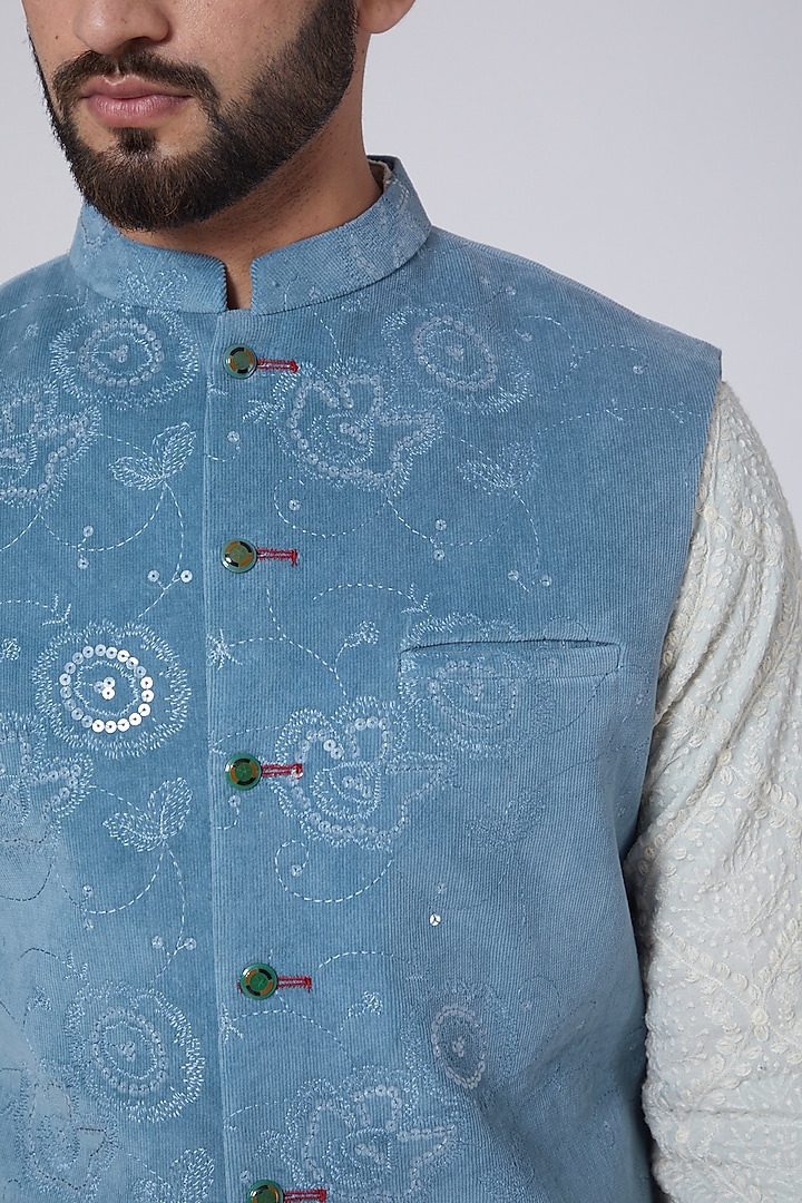 Cobalt Blue Cotrise sequins Embroidered Nehru Jacket by Gaurav Katta at Pernia's Pop Up Shop