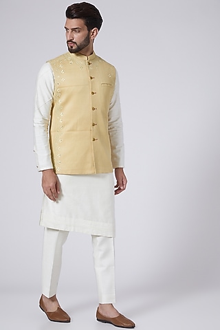 Golden Cotton Chikankari Work Nehru Jacket by Gaurav Katta