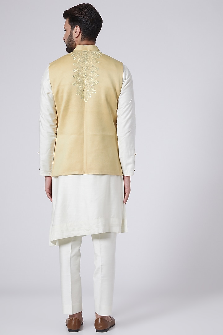 Golden Cotton Chikankari Work Nehru Jacket by Gaurav Katta at Pernia's Pop Up Shop