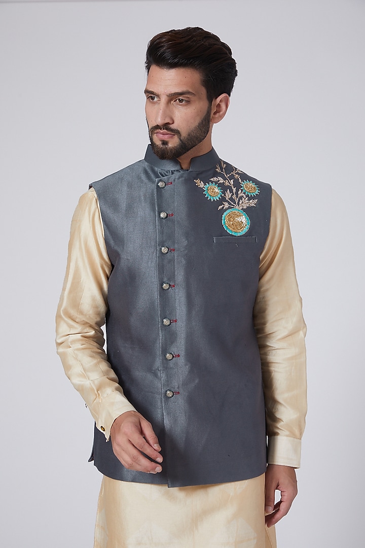 Grey Zardosi Embroidered Nehru Jacket by Gaurav Katta at Pernia's Pop Up Shop