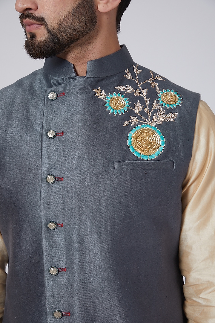 Grey Zardosi Embroidered Nehru Jacket by Gaurav Katta at Pernia's Pop Up Shop