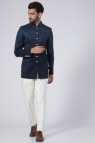 Cobalt Blue Cotton Bandhgala Jacket by Gaurav Katta