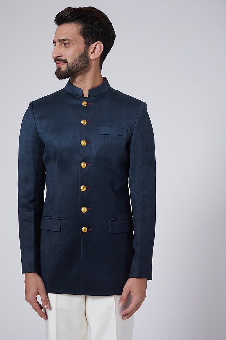 Cobalt Blue Cotton Wedding Bandhgala Jacket by Gaurav Katta at Pernia's Pop Up Shop