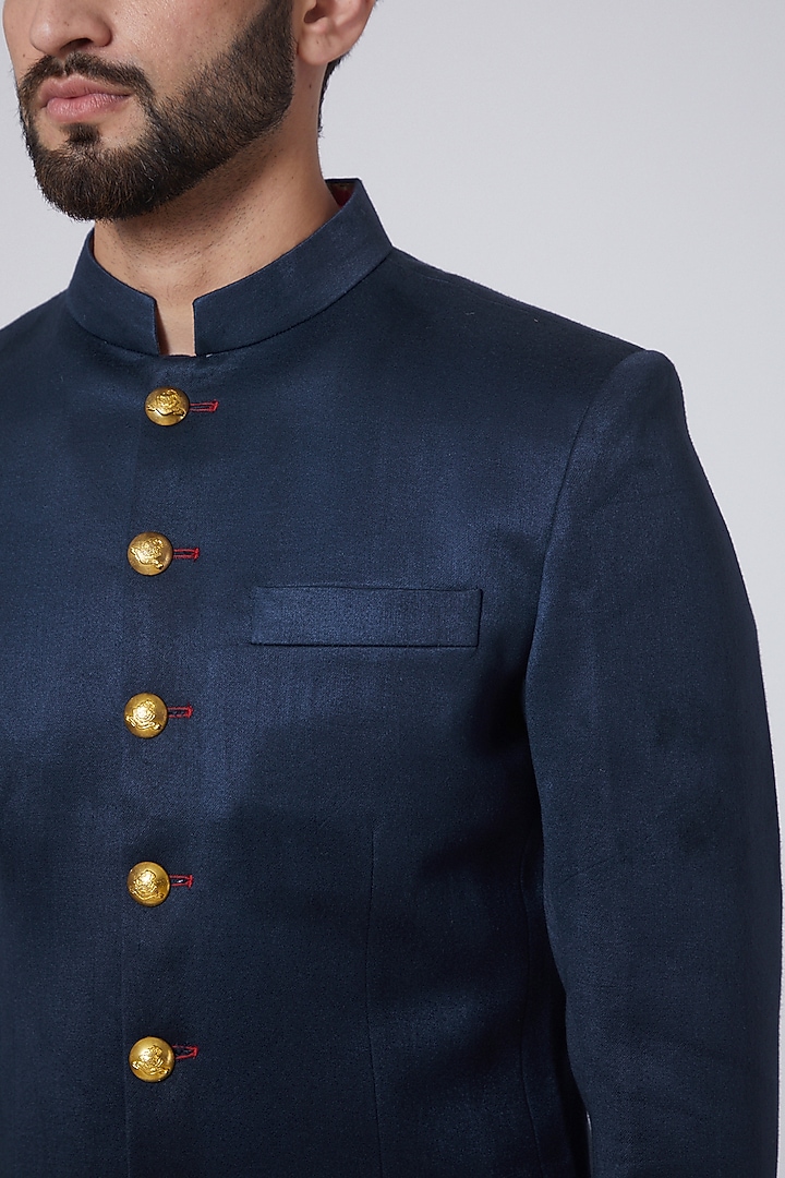 Cobalt Blue Cotton Wedding Bandhgala Jacket by Gaurav Katta at Pernia's Pop Up Shop