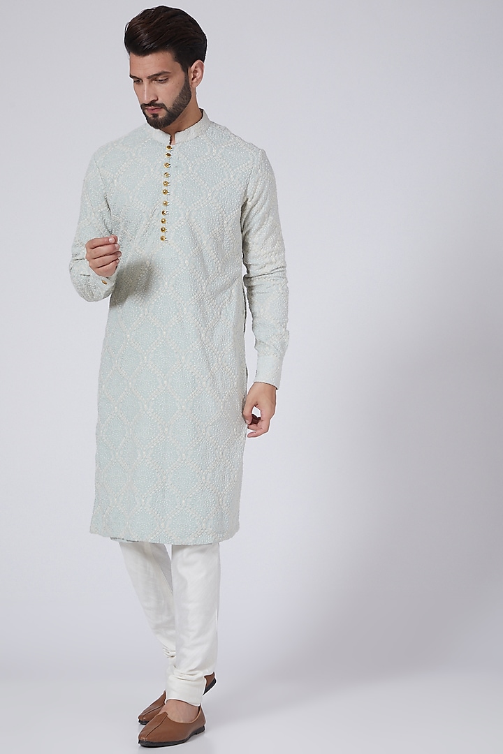 Powder Blue Chikankari Embroidered Kurta by Gaurav Katta