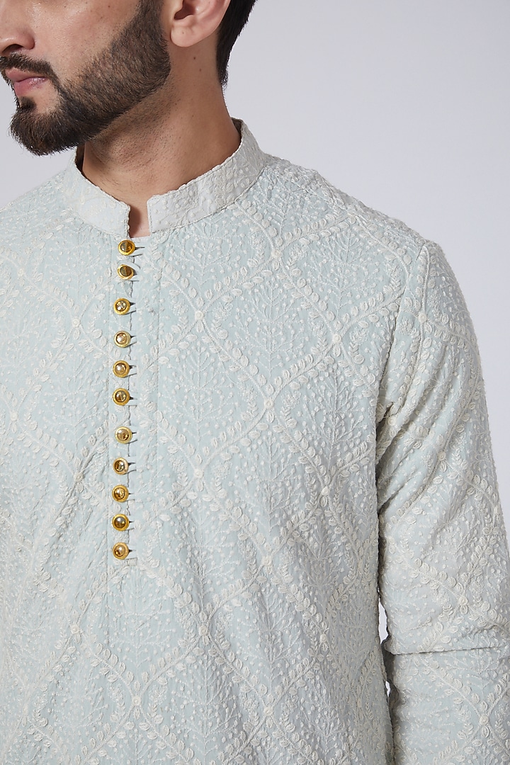 Powder Blue Chikankari Embroidered Kurta by Gaurav Katta at Pernia's Pop Up Shop