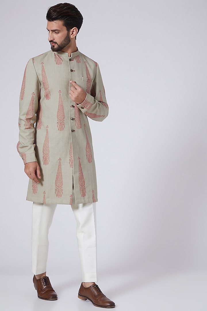Mehendi Green Cotton Paisley Printed Achkan Jacket by Gaurav Katta