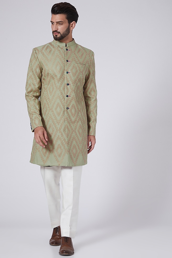 Mehendi Green Aari Embroidered Achkan Jacket by Gaurav Katta