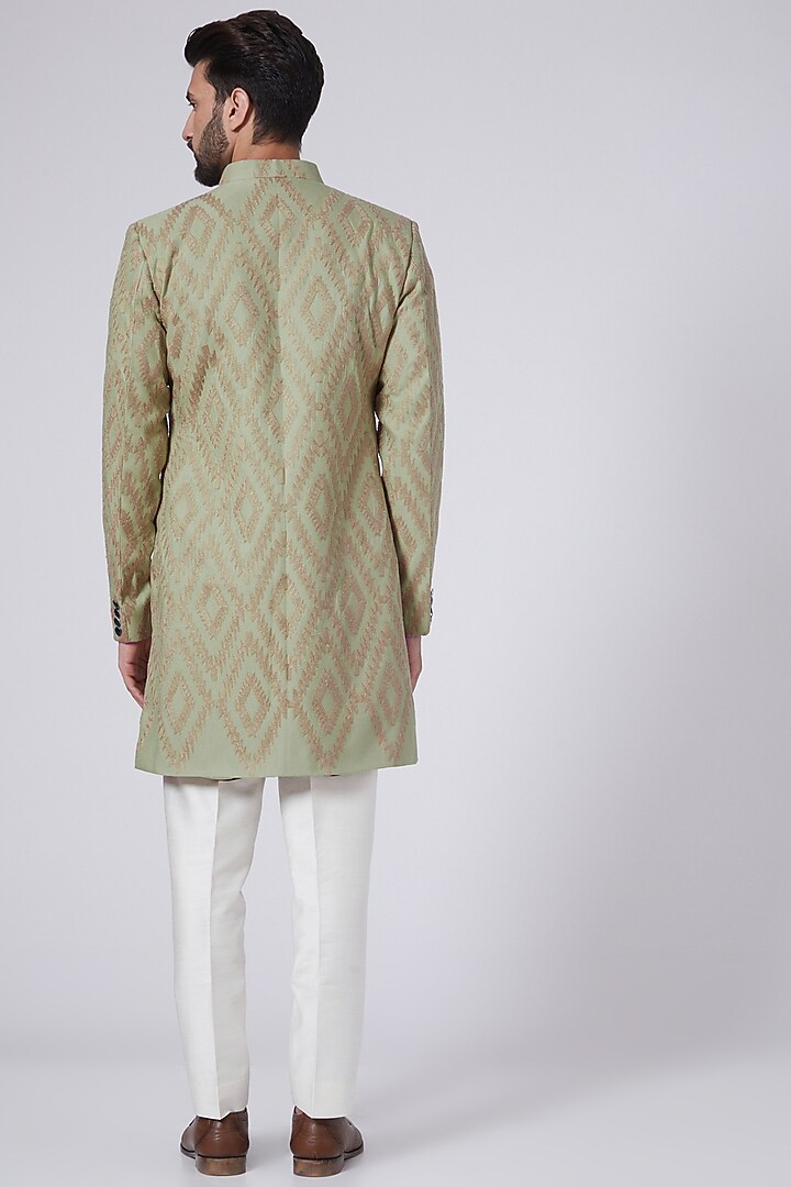Mehendi Green Modal Aari Embellished Achkan Jacket by Gaurav Katta at Pernia's Pop Up Shop