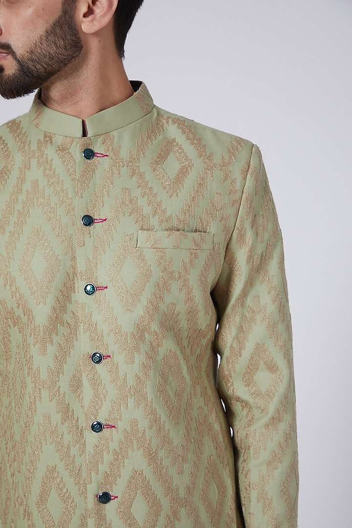 Mehendi Green Modal Aari Embellished Achkan Jacket by Gaurav Katta at Pernia's Pop Up Shop
