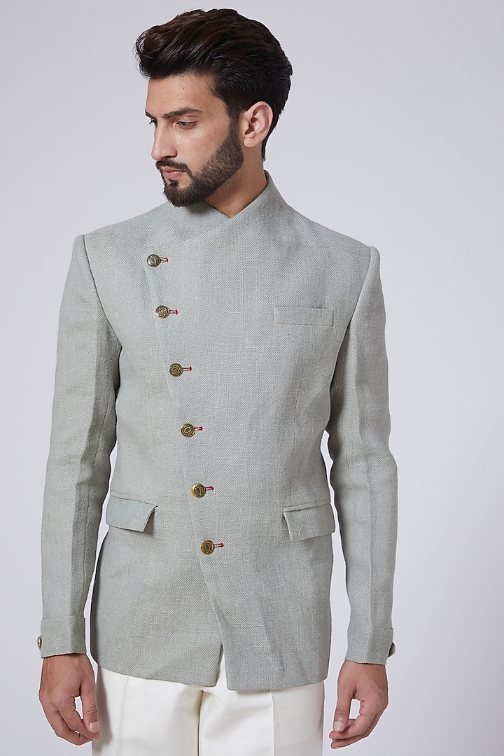 Nude Jute Silk Wedding Bandhgala Jacket by Gaurav Katta at Pernia's Pop Up Shop