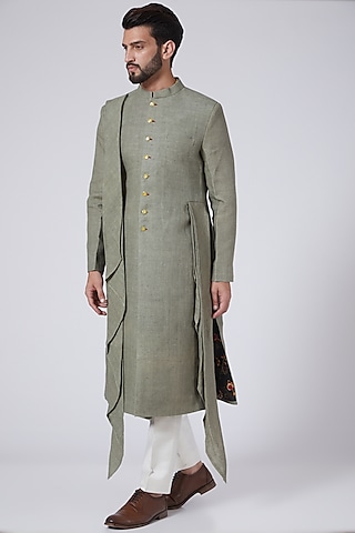 Mehendi Green Linen Draped Indowestern by Gaurav Katta
