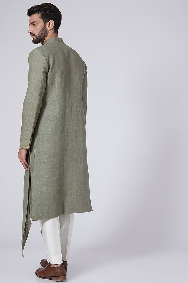 Mehendi Green Linen Draped Wedding Indowestern by Gaurav Katta at Pernia's Pop Up Shop