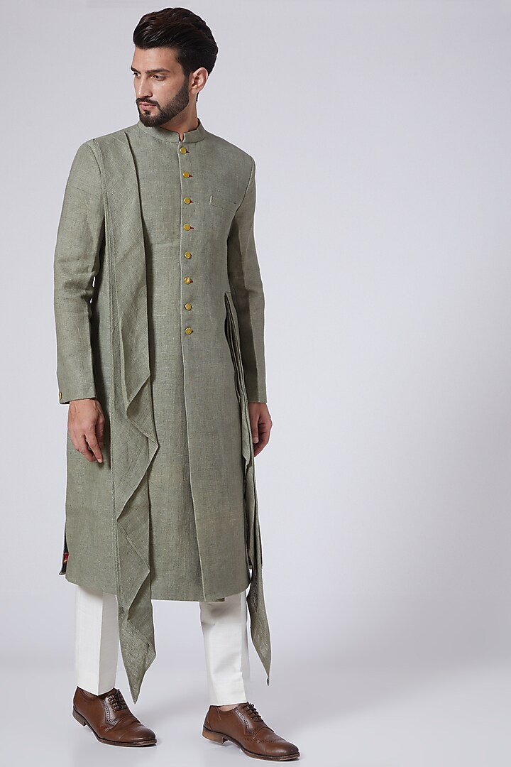 Mehendi Green Linen Draped Wedding Indowestern by Gaurav Katta at Pernia's Pop Up Shop