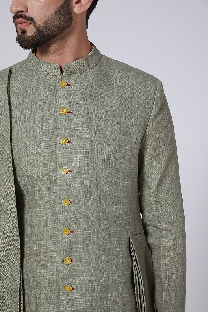 Mehendi Green Linen Draped Wedding Indowestern by Gaurav Katta at Pernia's Pop Up Shop