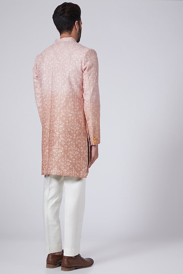 Peach Dupion Printed Bundi Jacket by Gaurav Katta at Pernia's Pop Up Shop