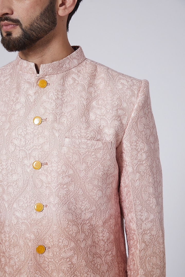 Peach Dupion Printed Bundi Jacket by Gaurav Katta at Pernia's Pop Up Shop