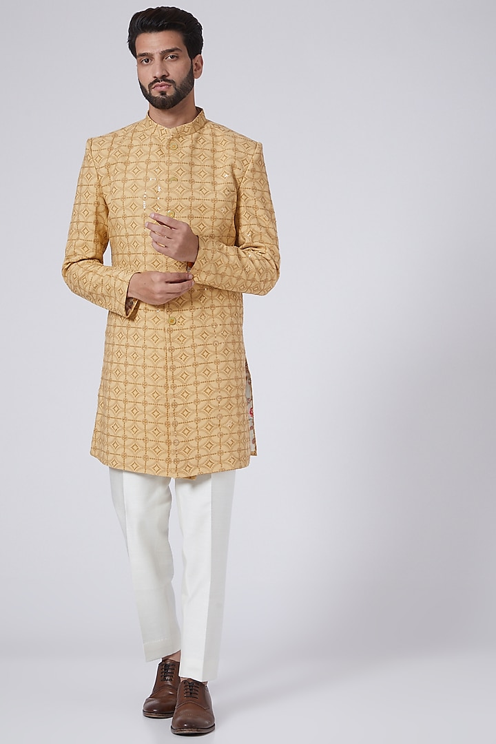 Mustard Sequins Embroidered Achkan Jacket by Gaurav Katta