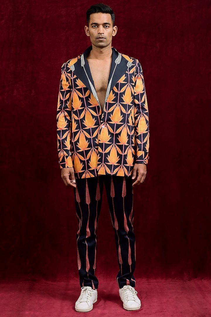 Indigo & Mustard Modal Silk Hand Painted Oversized Wedding Shirt by Gaurav Katta at Pernia's Pop Up Shop