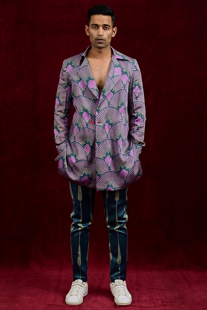 Mauve & Teal Modal Silk Hand Painted Oversized Party Wear Shirt by Gaurav Katta at Pernia's Pop Up Shop